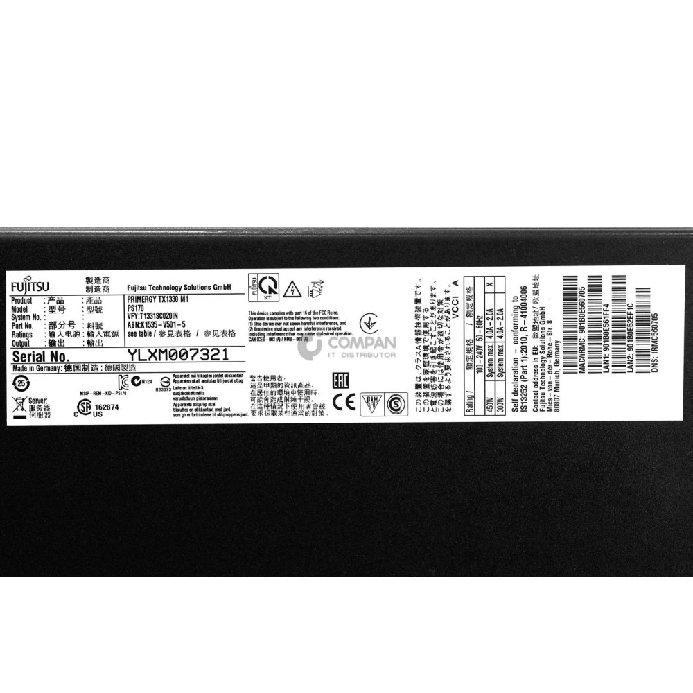 TX1330 M1-4LF FUJITSU PRIMERGY 1X INTEL XEON E3-1220 V3 @ 3.10GHZ RAM 24GB(3X 8GB DDR3 3X 1600MHZ ) 2X 4TB(2X SATA)